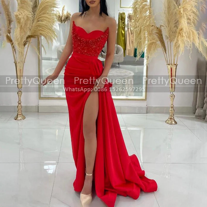 Sparkle Sequins Prom Dresses Mermaid Side Split Strapless Long Streamer Red Satin Sheath Formal Evening Dress Party Gown
Sparkle Sequins Prom Dresses Mermaid Side Split Strapless Long Streamer Red Satin Sheath Formal Evening Dress Party Gown