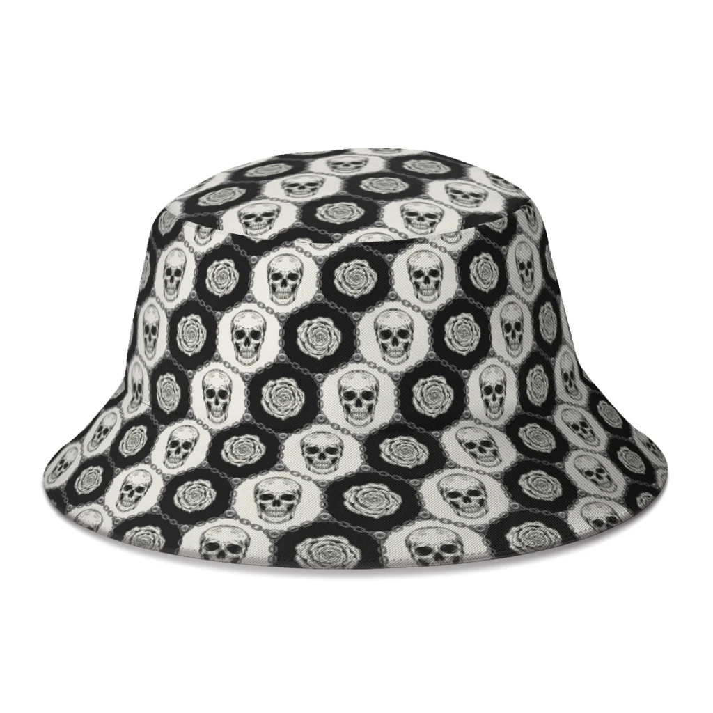 

Geometric Hexagonal Skulls Steel Chains Rivets Monochrome Bucket Hat Men Students Foldable Bob Fisherman Hats Panama Cap Autumn