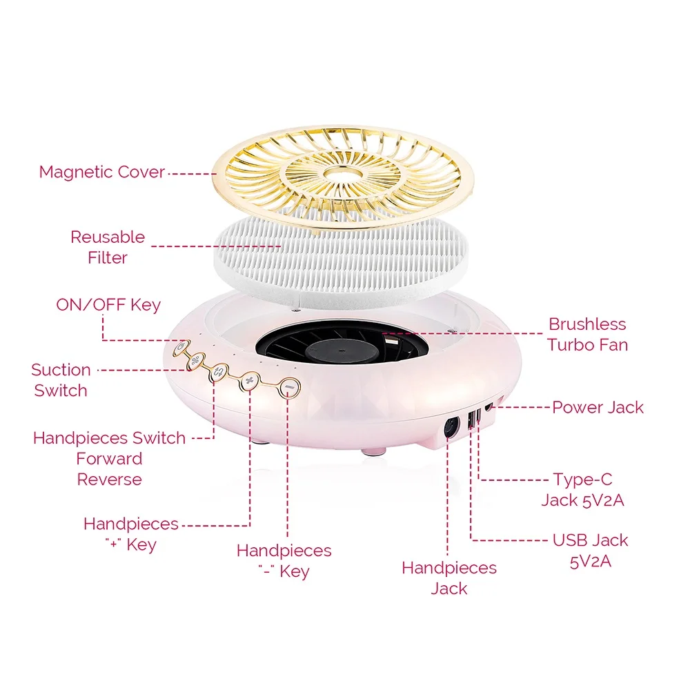 Collecteur de poussière d'ongles sans balais à faible bruit, aspiration injuste 80W, perceuse 35000 tr/min, pièce à main de manucure, aspirateur à ongles avec 2 filtres Collecteur de poussière d'ongles sans balais à faible bruit, aspiration injuste 80W, perceuse 35000 tr/min, pièce à main de manucure, aspirateur à ongles avec 2 filtres