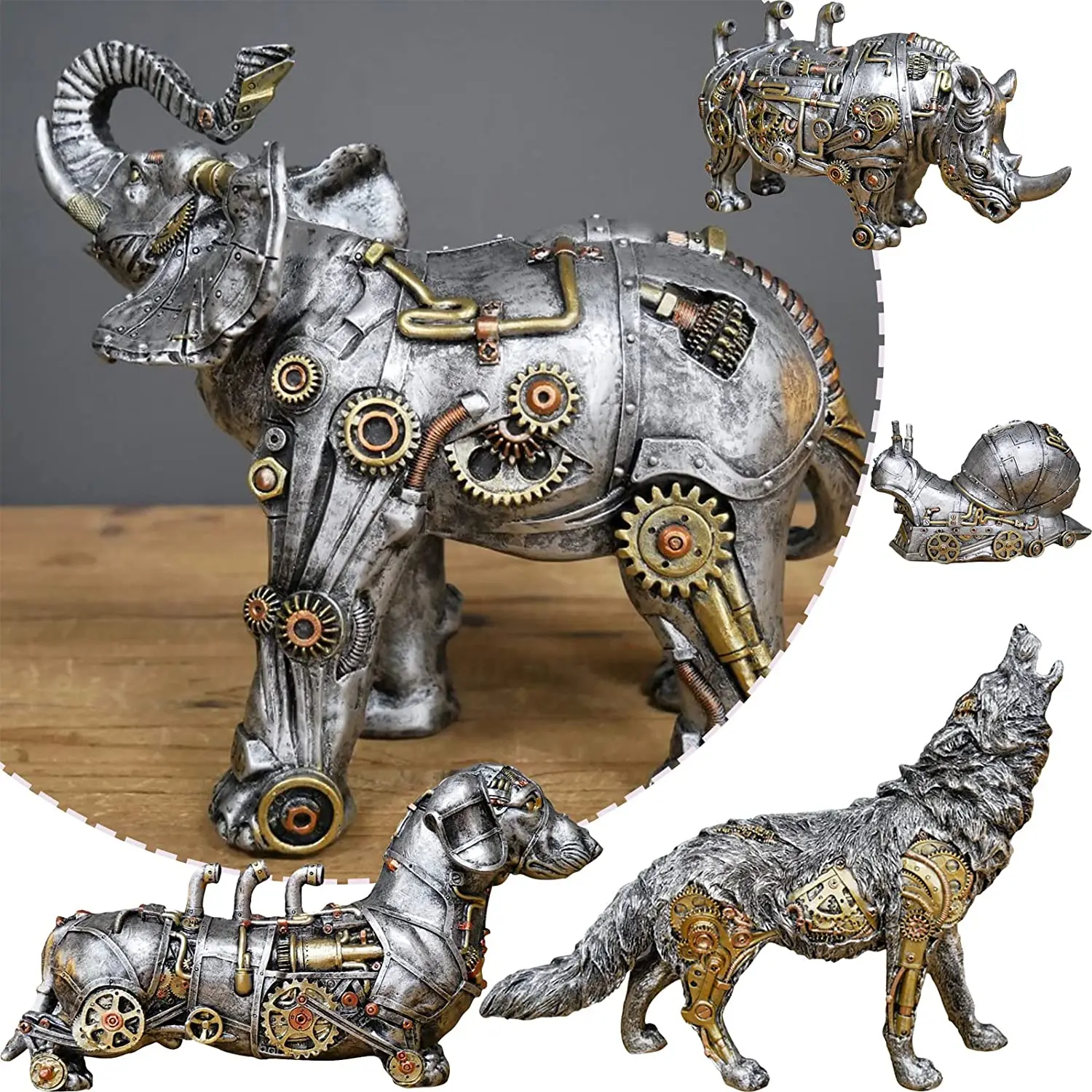 

Полимерные механические поделки в стиле панк для собак, статуя в стиле стимпанк, слон, волк, Рино, скульптура, украшение для дома, настольные украшения