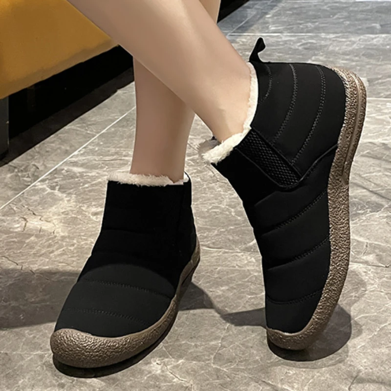 

Женские ботинки на низком каблуке, однотонные плюшевые теплые сапоги до середины икры, без застежки, с круглым носком, из флока, для зимы, 2023