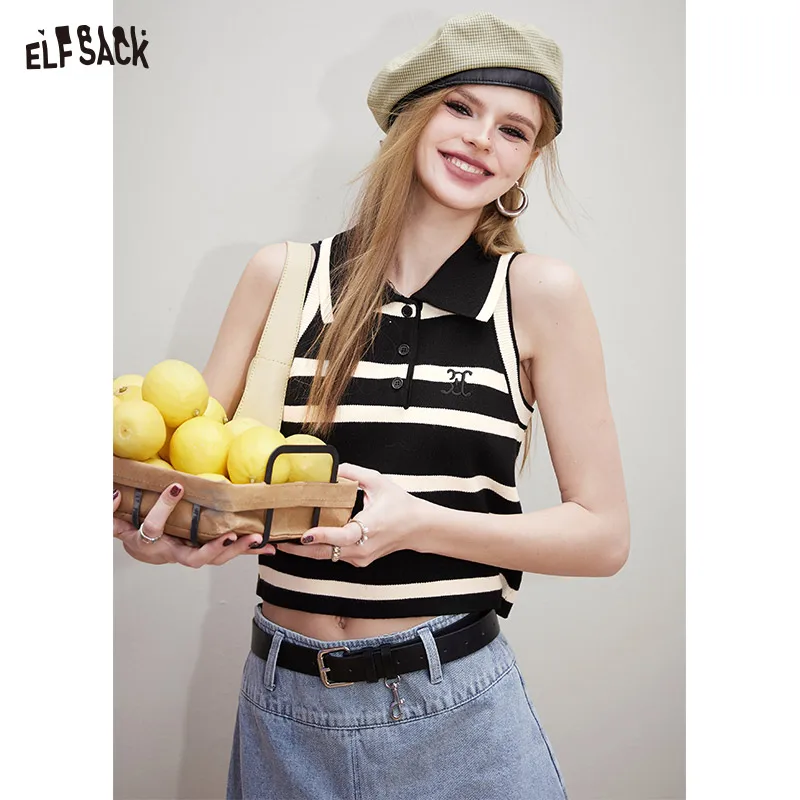 

ELFSACK Contrast striped sleeveless knitted vest for women's spring 2024 new slim fit short spicy girl top