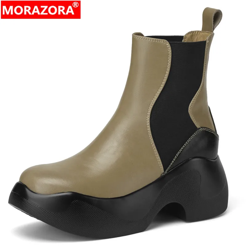 

MORAZORA 2024 New Genuine Leather Mixed Colors Winter Boots Vintage Female Slip On Platform Ankle Boots Square High Heels Boots