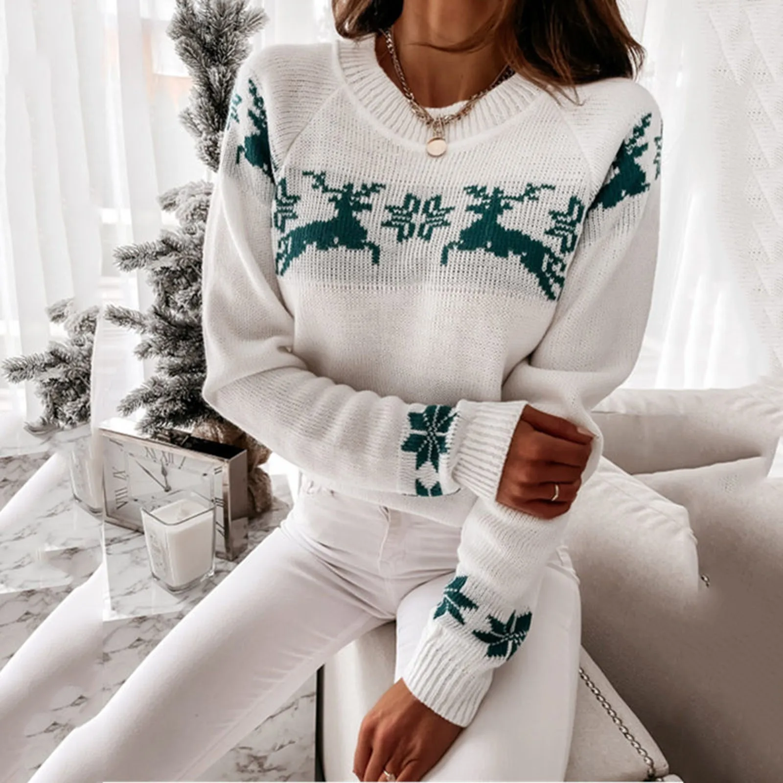 

Christmas Deer Knitted Sweater Women Long Sleeve Round Neck Ladies Jumper Fashion Casual 2023 Winter Autumn Pullover Clothes