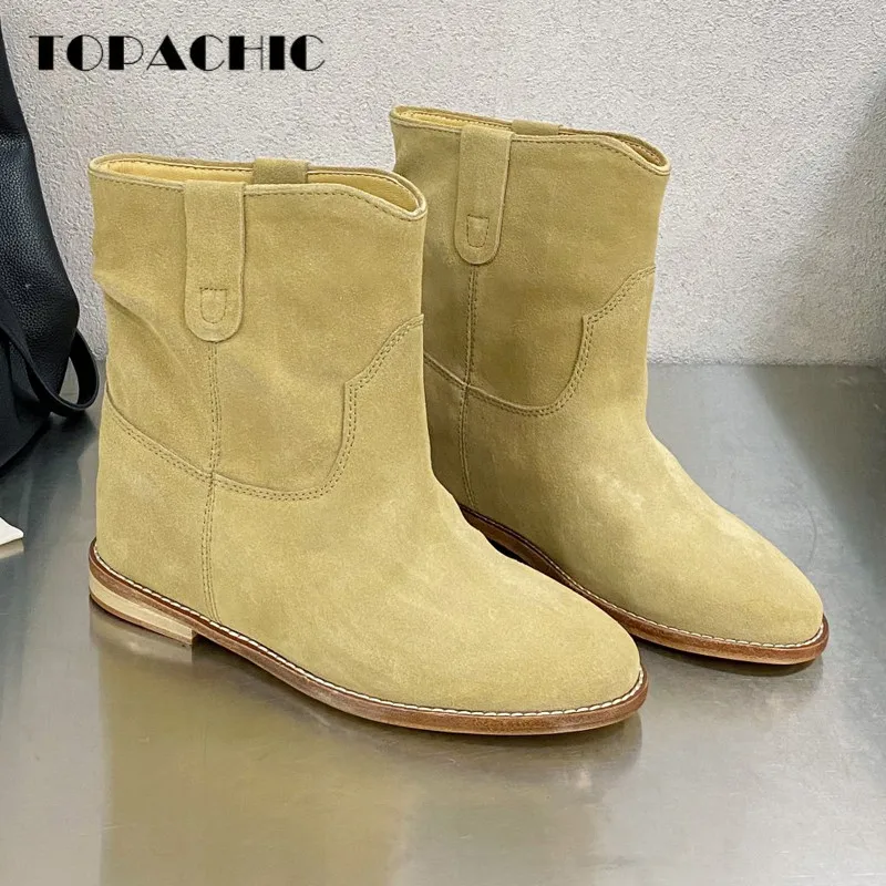 9.20 TOPACHIC Genuine Leather Cow Suede Height Increasing Round Toe Flat Slip-Ons Short Boots Women's
9.20 TOPACHIC Genuine Leather Cow Suede Height Increasing Round Toe Flat Slip-Ons Short Boots Women's