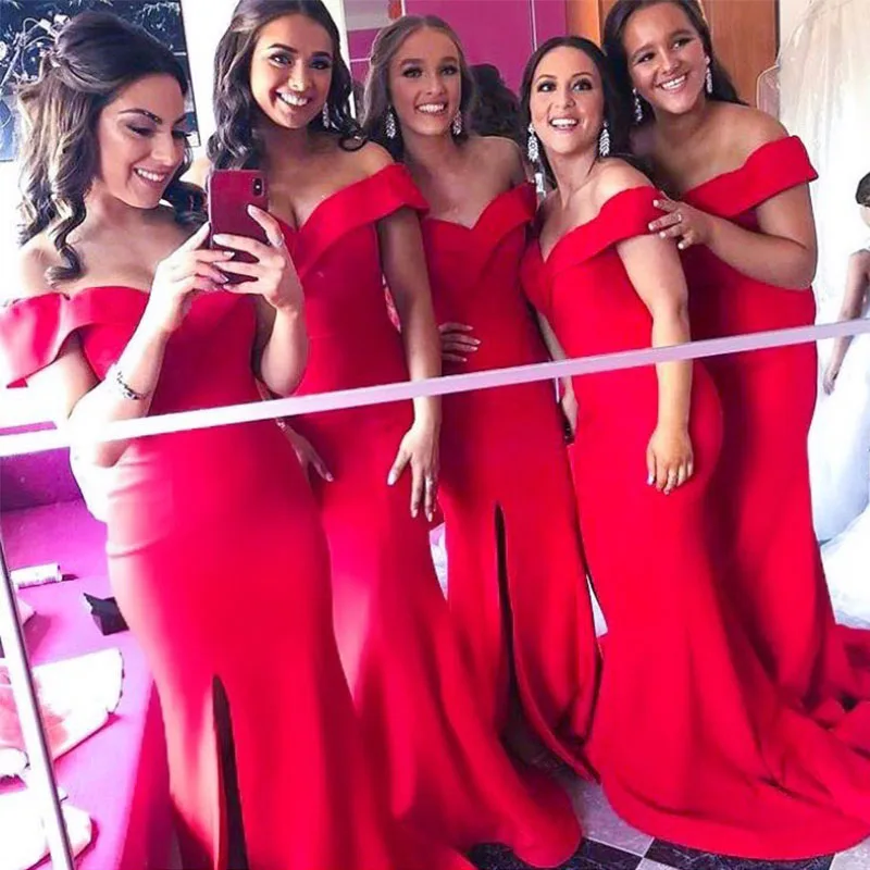 Sexy Mermaid Off The Shoulder Red Bridesmaid Dresses Satin Front Split Dresses For Wedding Party Prom Vestido de festa longo
Sexy Mermaid Off The Shoulder Red Bridesmaid Dresses Satin Front Split Dresses For Wedding Party Prom Vestido de festa longo