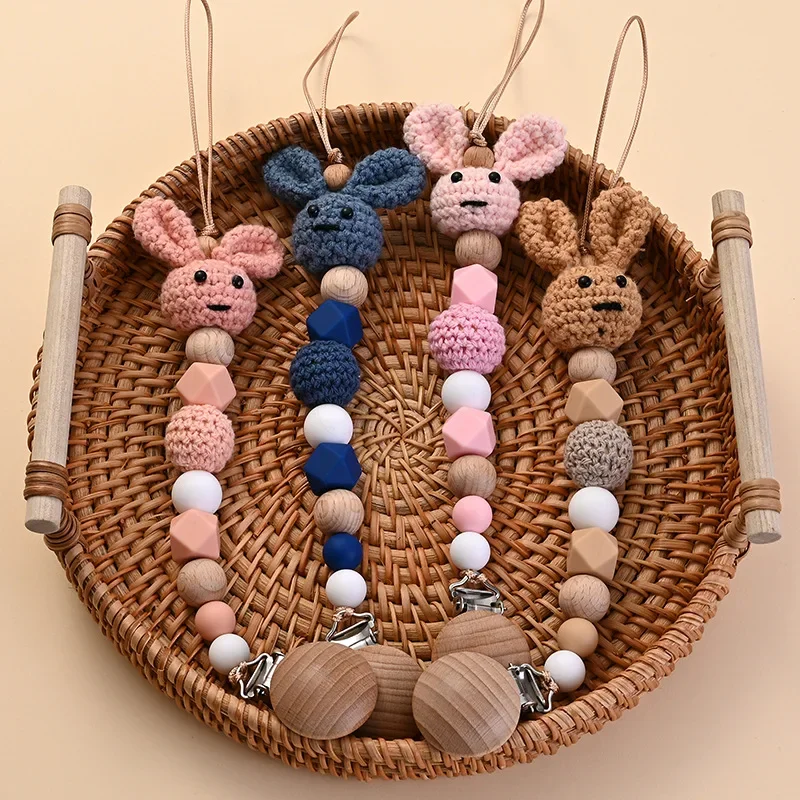

BPA Free Baby Wooden Pacifier Clip Wood Crochet Rabbit Teething Soother Chain for Nursing Chew Toy Baby Dummy Holder Chain