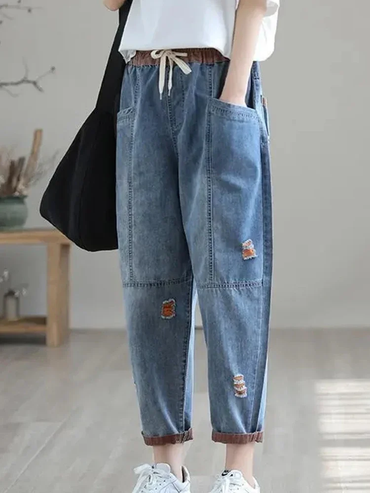 

Ripped Ankle-Length Jeans Vintage High Waist Baggy Harem Denim Pants Woman Drawstring Pantalon Jeansy Hose Casual Trousers A09
