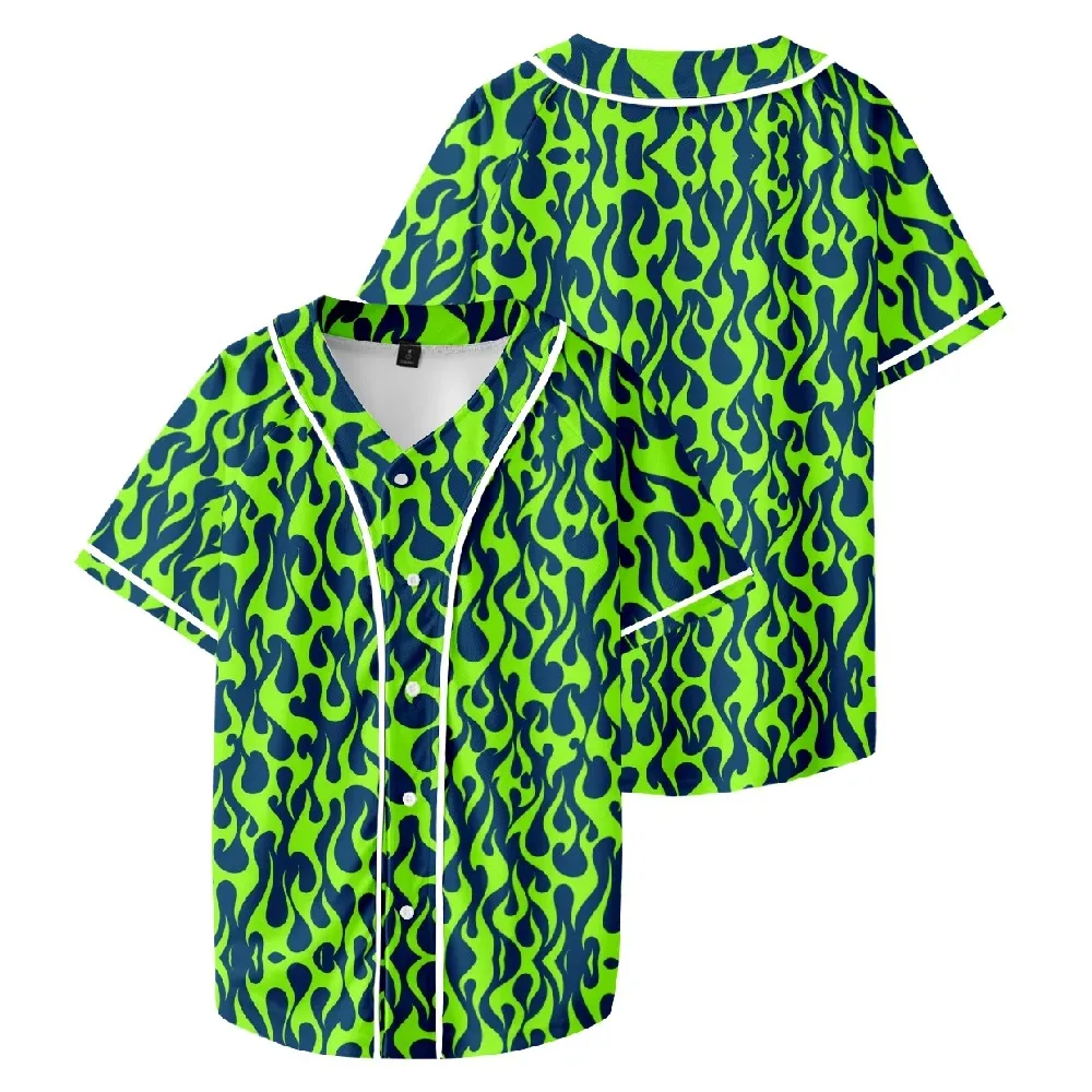 

Camisola de basebol masculina e feminina, manga curta, roupa casual diária, camisola de basebol verde e azul Fire, 3D 2024