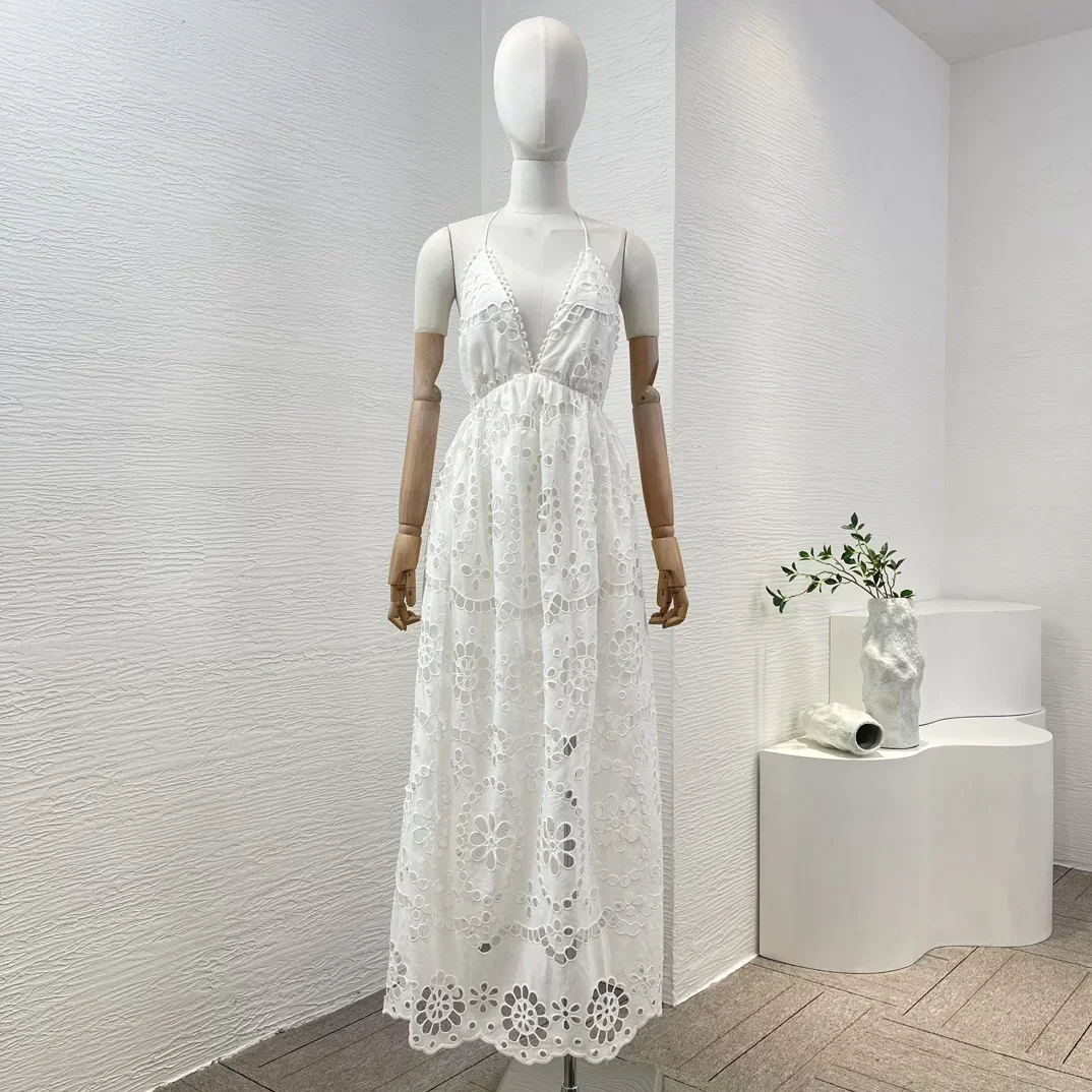 

Женское Хлопковое платье-миди без рукавов, белое элегантное платье с открытой спиной, вышивкой и бантом на спине, с лямкой на шее