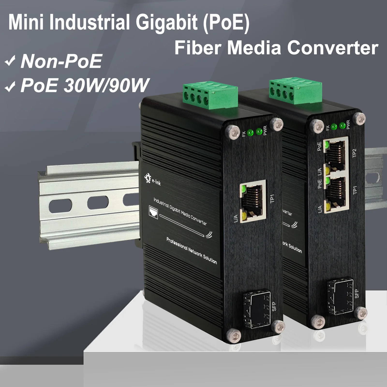 

Industrial (PoE) Media Converter with Gigabit RJ45 and SFP Port, Ethernet 10/100/1000Mbps to Fiber Switch 30W 90W Din Rail Mount