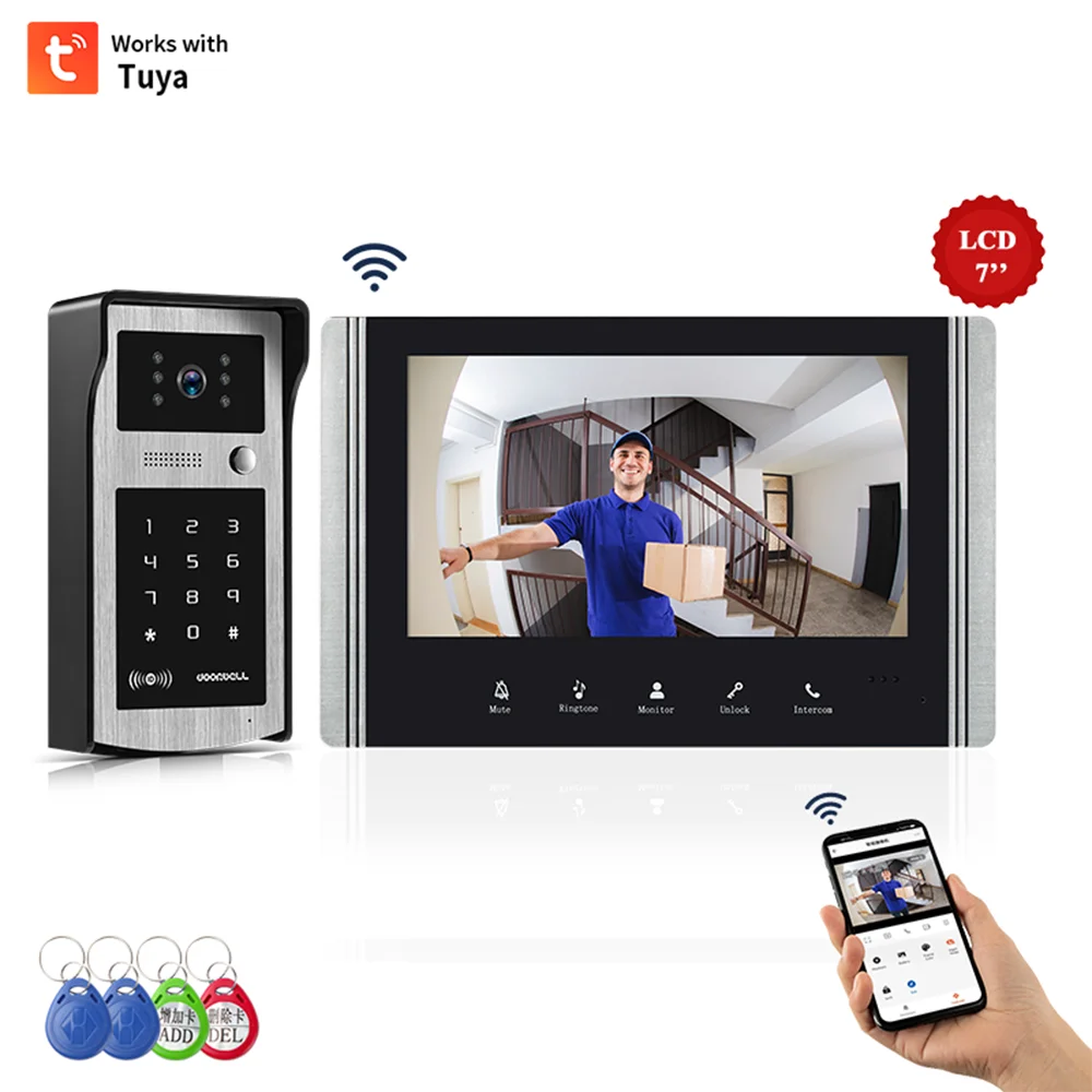 

Smart Home 7 " Tuya WiFi Video Doorbell Waterproof Outdoor Door bell Intercom System Door Phone Camera With ID Card Key Password