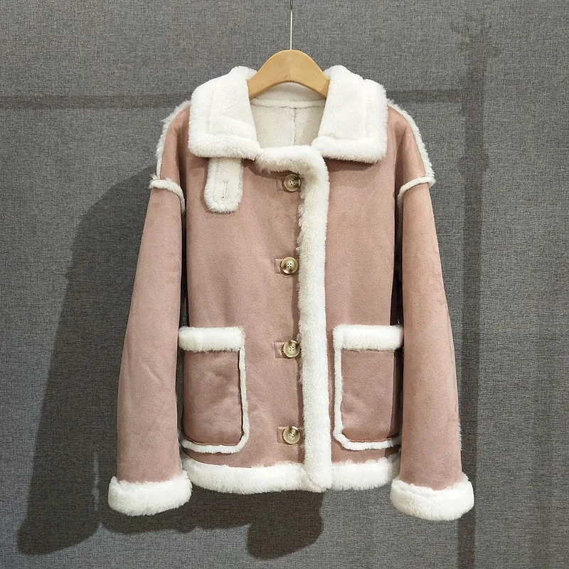 

Women Lamb's Wool Suede Jacket Sheep Shearling Fur Coat Female Short Warm High Collar Thickening Overcoat PT413