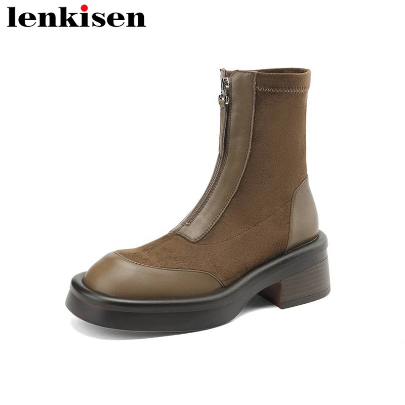 

Lenkisen Big Size 42 Cow Leather Round Toe Thick Heels Winter Stretch Boots Platform Front Zipper Concise luxury Ankle Boots