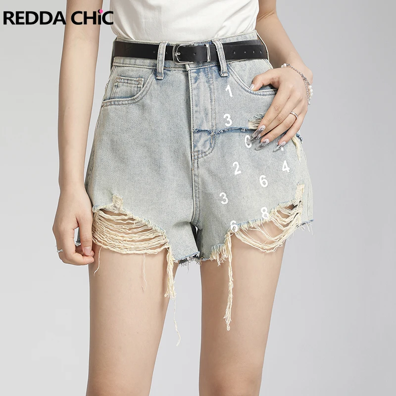 

REDDACHiC Hip-hop Destroyed Denim Shorts for Women Vintage Y2k High Rise Letter Printing Cropped Jeans Short Pants Streetwear