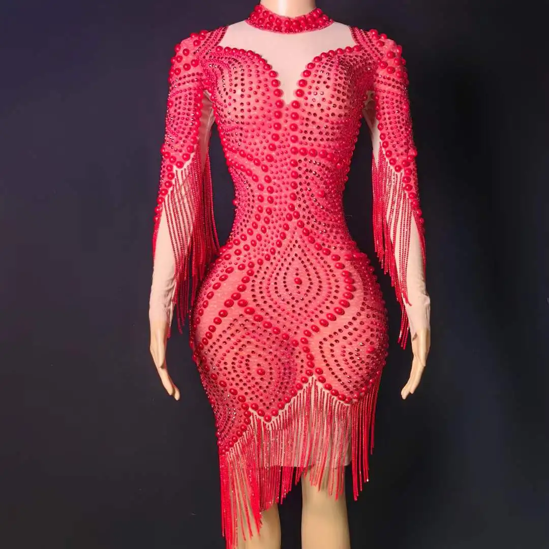 

Red Rhinestone Luxury Dress For Women Birthday Las Vegas Showgirl Pearl Beaded Party Performance Singer Wear Drag Queen Costume