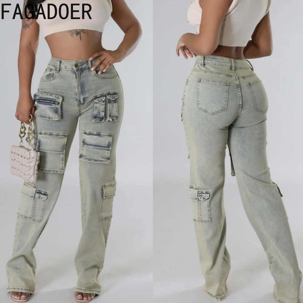 

FAGADOER Casual Elasticity Denim High-quality Washed Pants Women Light Color Pocket Cargo Pants Female Matching Cowboy Trousers