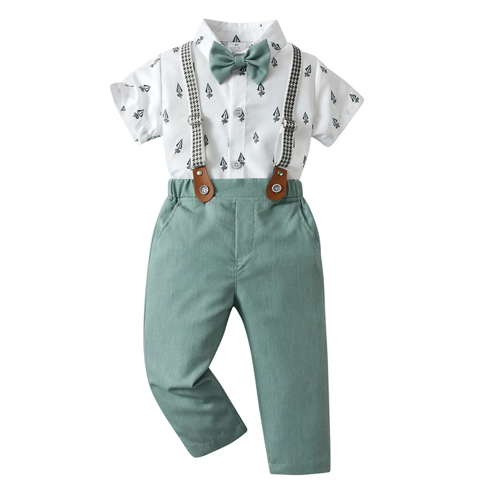 

3Pcs Baby Boys Cotton Summer Clothes Boys Gentleman Suit Short Sleeve Shirt with Bowtie and Suspender Pants Set Party Outfit