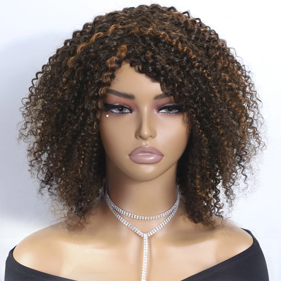 

Short Curly Bob Human Hair Wigs With Bangs Full Machine Made Wigs Highlight Honey Blonde Colored Wigs For Women Cheap Remy Hair