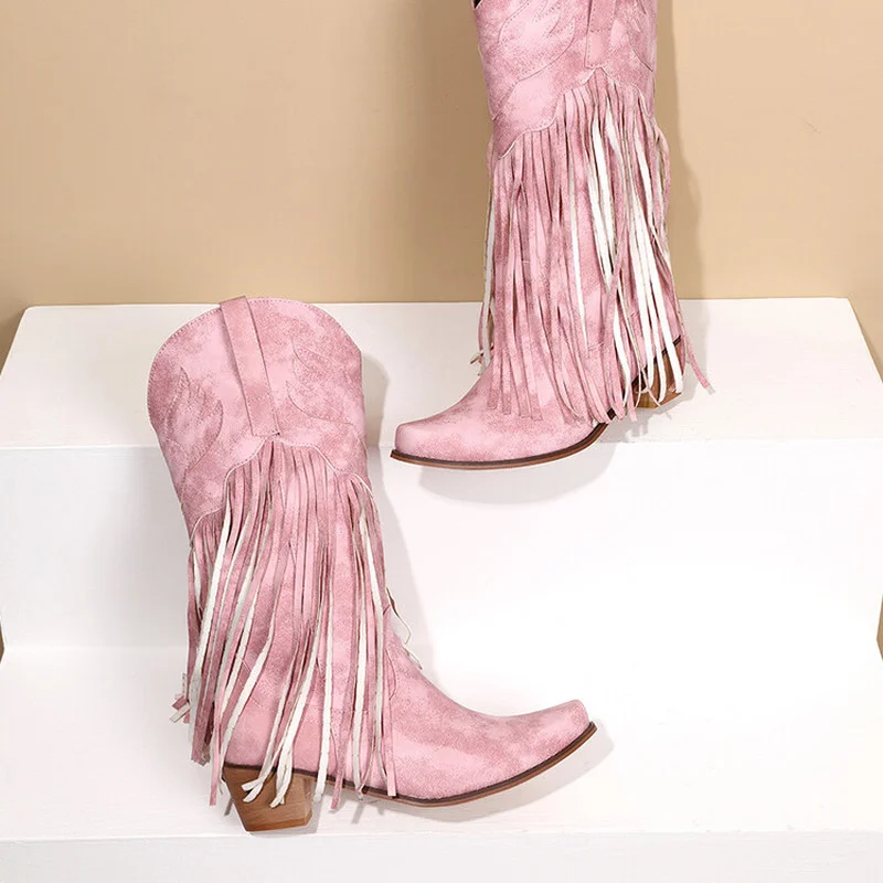 

Новые женские ретро этнические ковбойские сапоги на среднем каблуке с бахромой женская зимняя обувь