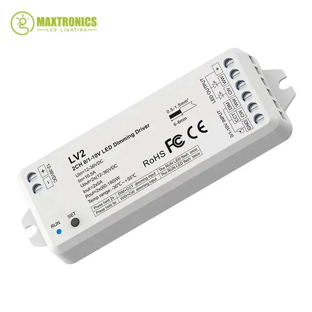 

0/1-10V CV LED Dimming Driver PWM Constant Voltage 10A*2CH CCT Dimmer LV2 For Dual Color Temperature LED Strip Light 12-36VDC