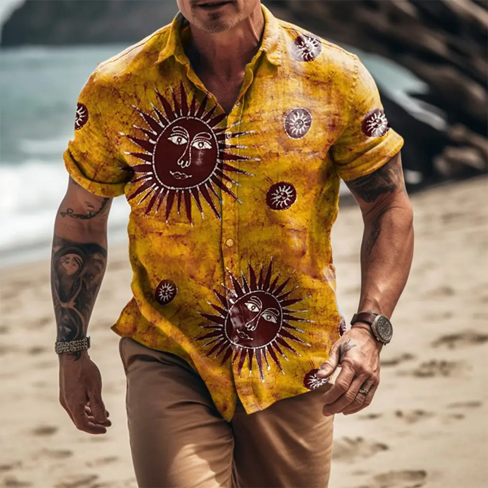 

Мужская винтажная гавайская рубашка, Пляжная футболка большого размера с 3D-принтом солнца и короткими рукавами для отпуска, лето 2023
