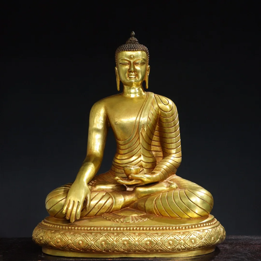 

18"Tibetan Temple Collection Old Bronze Gilded Cinnabar Lotus Shakyamuni Sitting Buddha Lotus Platform Worship Hall