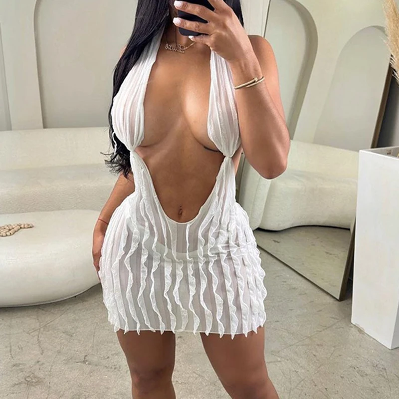 

2023 Summer Ruffles Frill Mesh Sheer Mini Dress Sexy Slim Fit Wrap Bodycon Women Chest Wrap Backless Halter Dress Club Party