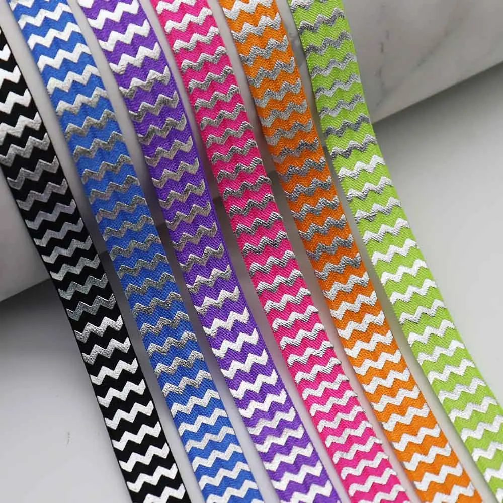 

5/8'' 15mm Silver Foil Chevron Printed FOE Fold Over Elastic Ribbon For Ponytail Hair Tie Bracelet DIY Sewing Decoration