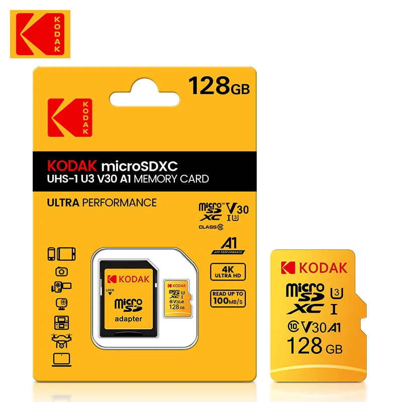 

10pcs Original KODAK Micro SD Memory Card 128GB Microsd 4K U3 cartao de memoria Mini TF Card 128G Class10 For Phone + SD Adapter