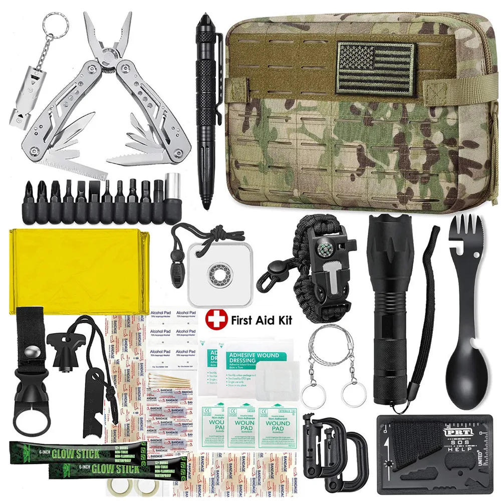 

Emergency Survival Kit Gear Tool First Aid Kit SOS Emergency Tactical Flashlight Blanket Bracelets Compass with Molle Pouch