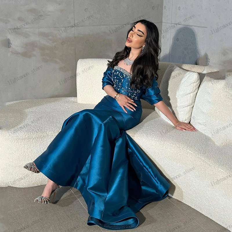 

Gorgeous Evening Dresses Satin Prom Dress Beading Appliques Half Sleeves Robe For Formal Party Graceful Vintage Vestidos De Gala