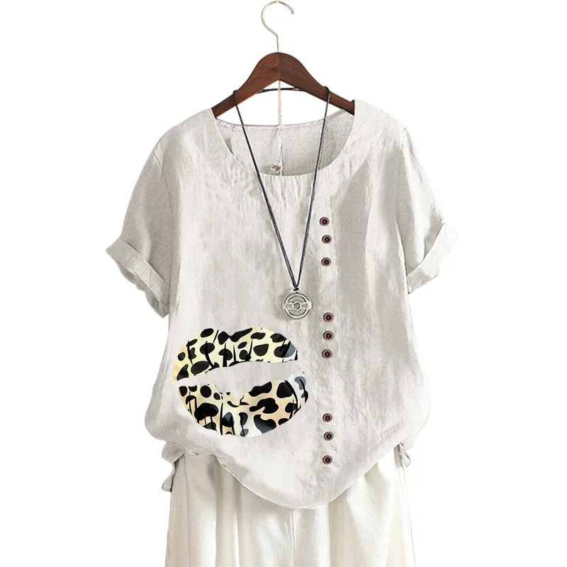 Женская льняная футболка с коротким рукавом, круглым вырезом и принтом в виде губ
Женская льняная футболка с коротким рукавом, круглым вырезом и принтом в виде губ