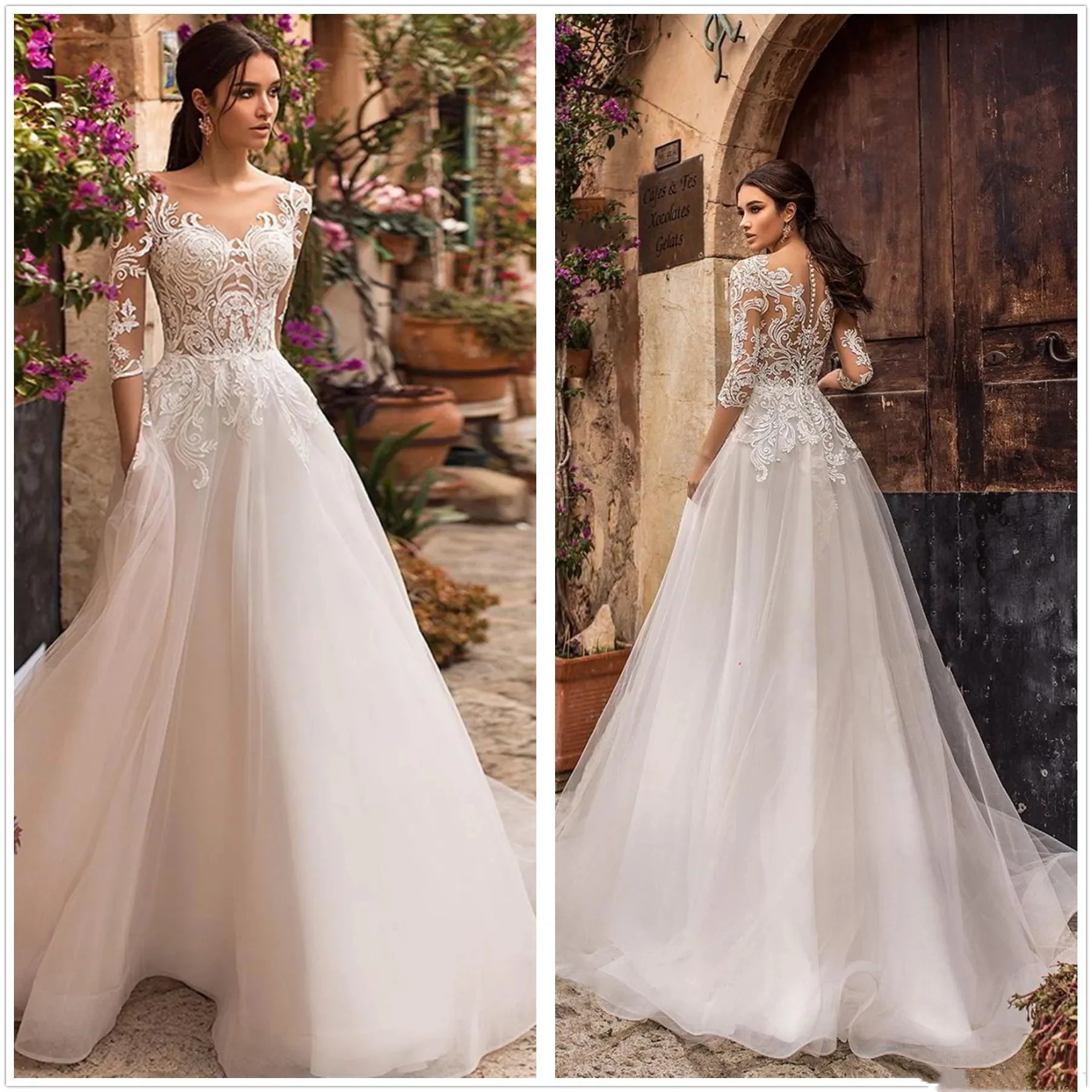 Vintage A-Line Wedding dress Sweetheart Collar Applique Illusion 1/2 sleeve tulle applique Sweep Train Wedding bridal dress
Vintage A-Line Wedding dress Sweetheart Collar Applique Illusion 1/2 sleeve tulle applique Sweep Train Wedding bridal dress