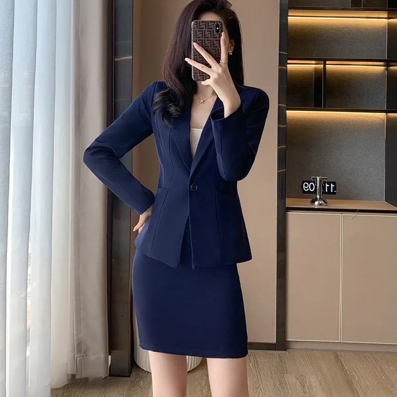 

Blue Professional Suit Skirt High Sense Front Desk Labor Suit Temperament plus Size Work Clothes Business Suit Overalls