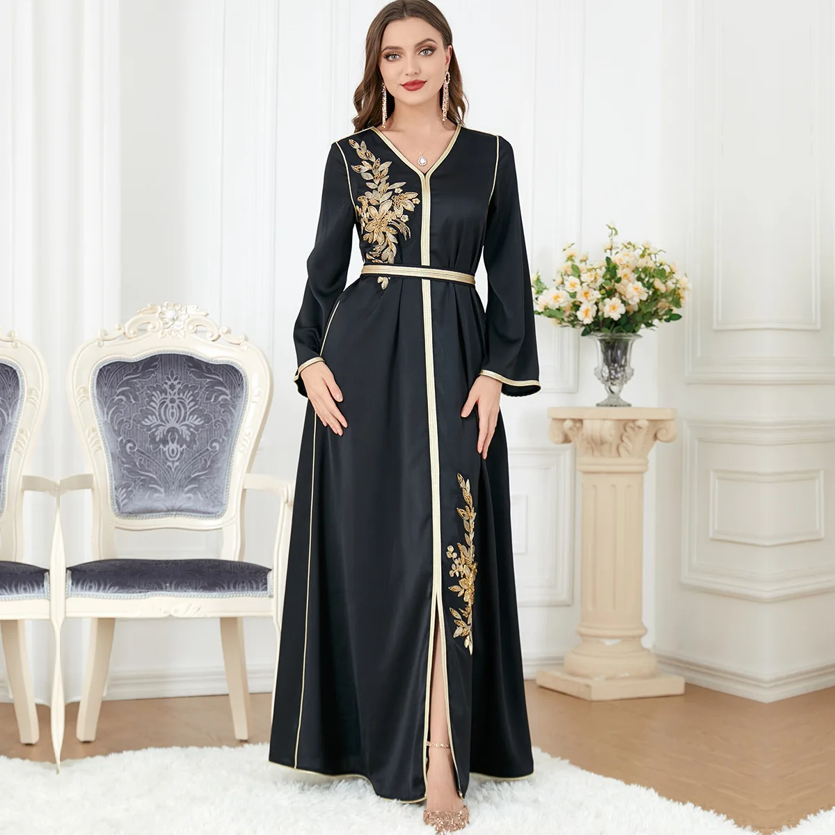

Floral Embroidery Guipure Lace Panel Belted Dress Elegant V-nek Long Dresses Black Abaya Muslim Women Clothing Ramadan M-XXL