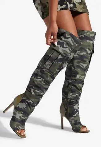 

Camouflage Army Green Color Peep Toe Pocket Knee High Boots Women Patchwork Stiletto Thin Heels Long Fashion Botas Shoes Lady