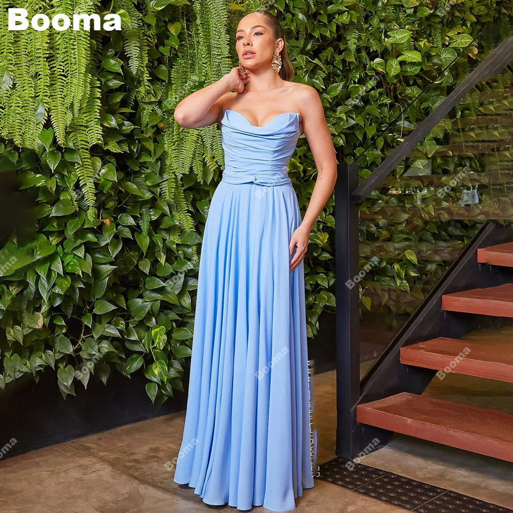 

Booma Blue Simple A-Line Evening Dresses Strapless Pleat Formal Party Gowns for Women Floor Length Prom Dress formales vestidos