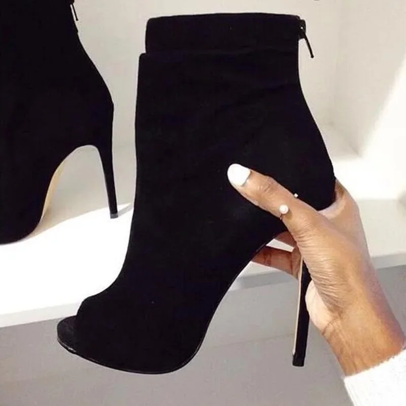 

Women Open Toe Black Suede Leather Ankle Bootie Back Zipper-up Ankle Boots Thin Heel Classical High Heel Short Boots