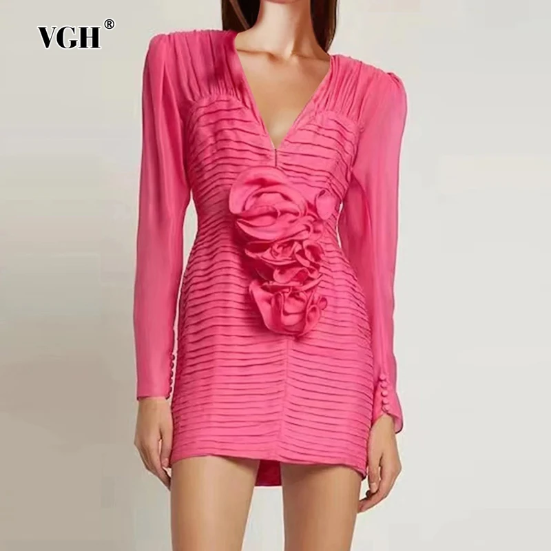 

VGH Elegant Solid Patchwork Appliques Dresses For Women V Neck Long Sleeve High Waist Spliced Folds Dress Female Fashion Style