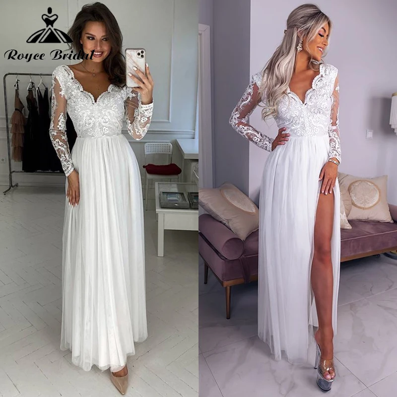 

Beach Boho V-neck Sexy Split Backless Lace Appliques A-Line Wedding Dresses Netting Bridal Gowns Sweep Full Cap Sleeve vestidos
