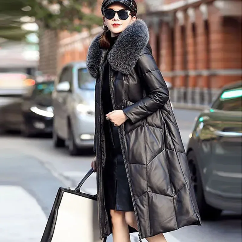 Women's Long Leather Fashion Coat Fox Fur Collar Duck Down Liner Autumn Winter Lady Outwear Hooded Warm Down Leather Coat
Women's Long Leather Fashion Coat Fox Fur Collar Duck Down Liner Autumn Winter Lady Outwear Hooded Warm Down Leather Coat