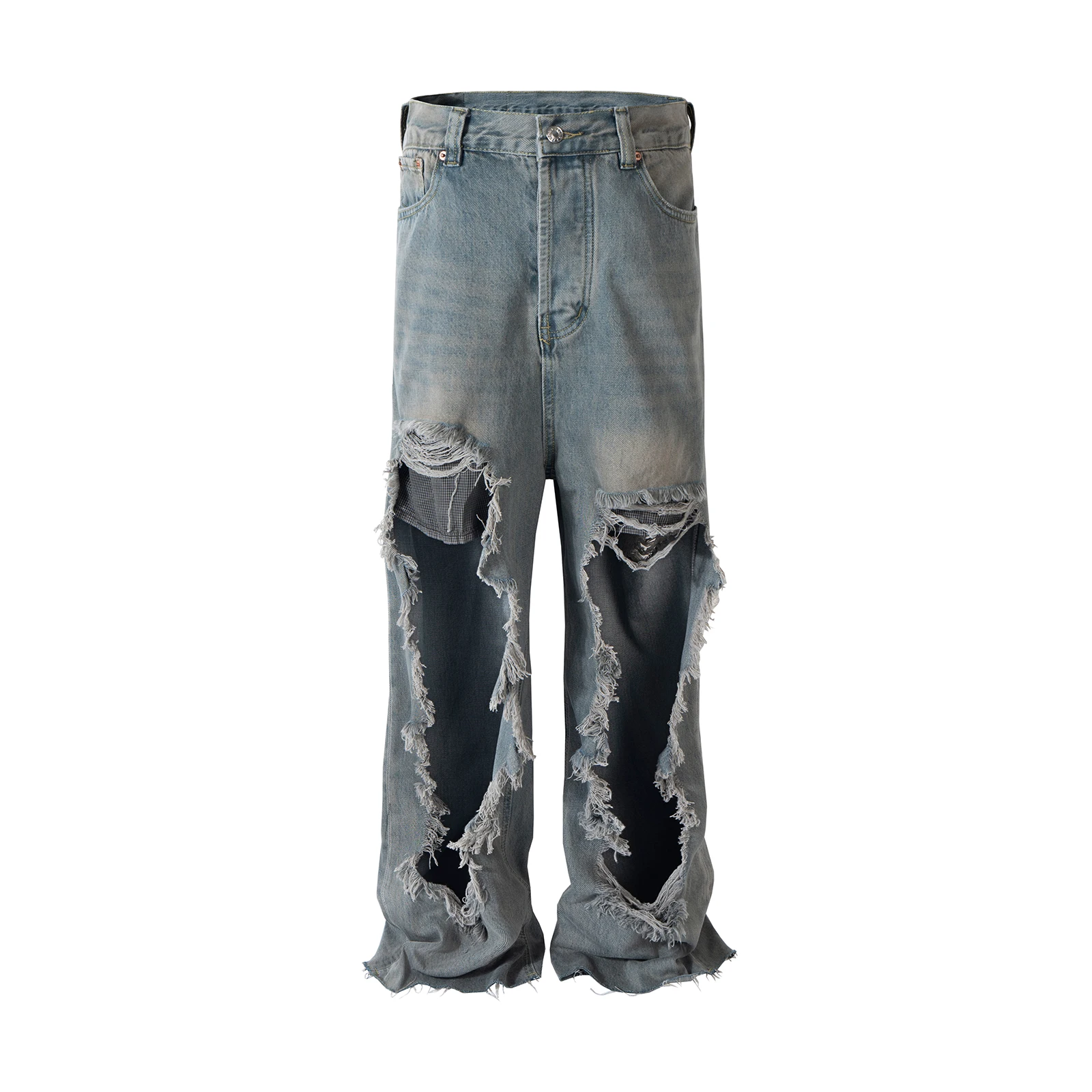 

Streetwear Blue Distressed Baggy Jeans for Men and Women Pantalones Hombre Ripped Big Hole Denim Trousers Oversized Cargos