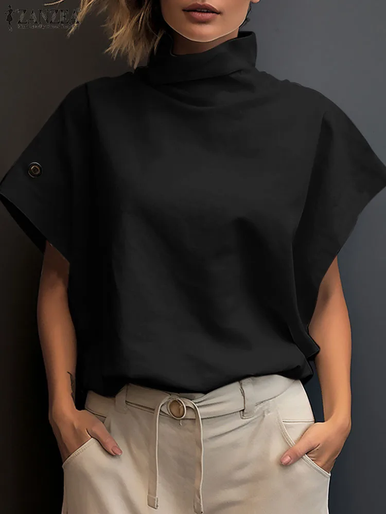 

Стильные летние блузки ZANZEA, мешковатая водолазка с рукавом летучая мышь, модные женские блузы, однотонная женская Повседневная футболка с коротким рукавом