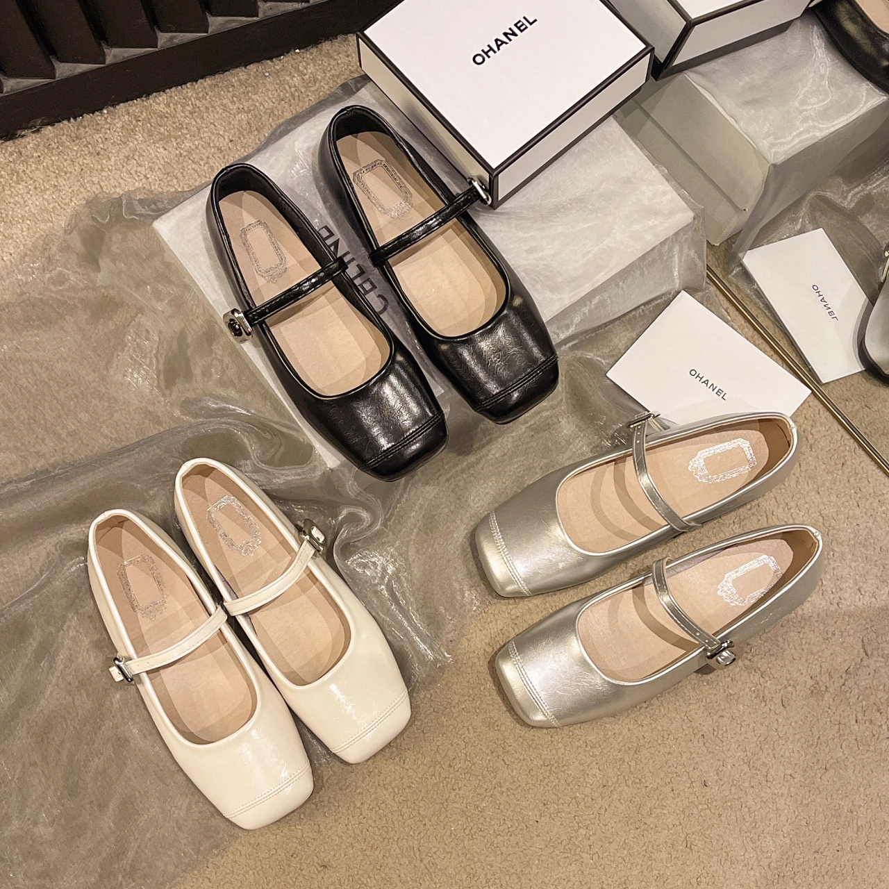 

2024 Summer New Brand Women Flats Fashion Square Toe Shallow Mary Jane Shoes Soft Casual Ballet Shoes Slingback Shoes Black