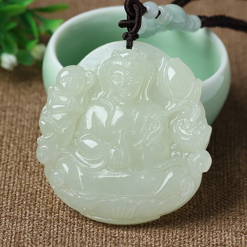 

Hetian Songzi Avalokitesvara Pendant Greenish White Jade Guanyin on the Lotus Throne Bodhisattva