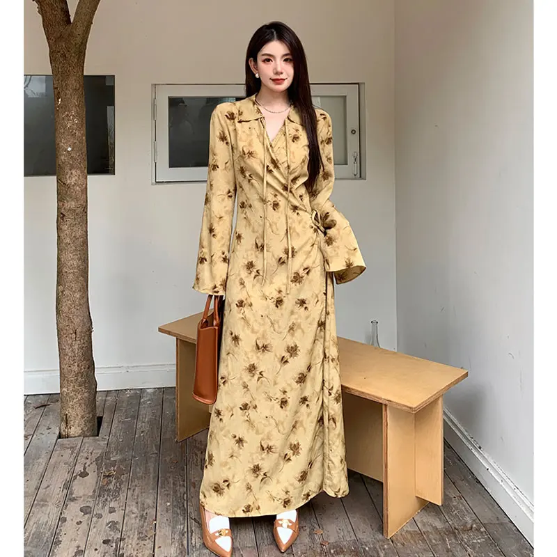 

Autumn French Romantic Floral Printed Chiffon Dresses Retro Chic Long Sleeve A Line Midi Yellow Long Dress Vestido 2023 Korea