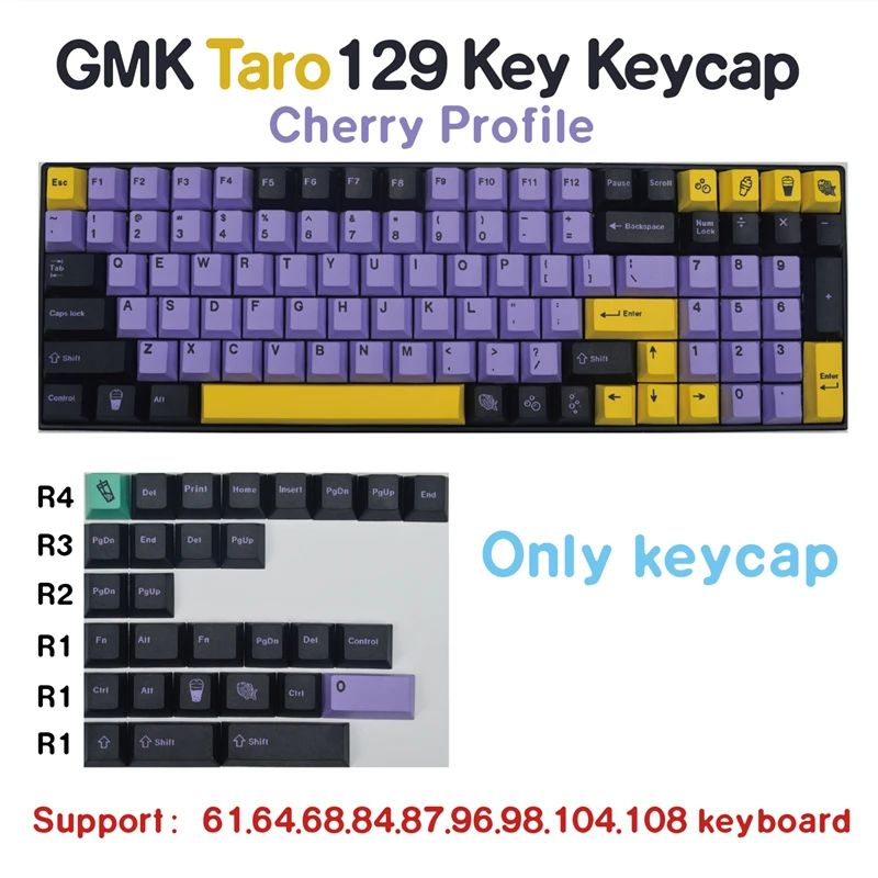 

129 Keys/set GMK Taro Keycaps PBT Dye Sublimation Keycap Cherry Profile Key Caps For Keychron Anne GH60 GK64 980 104 108 Layout