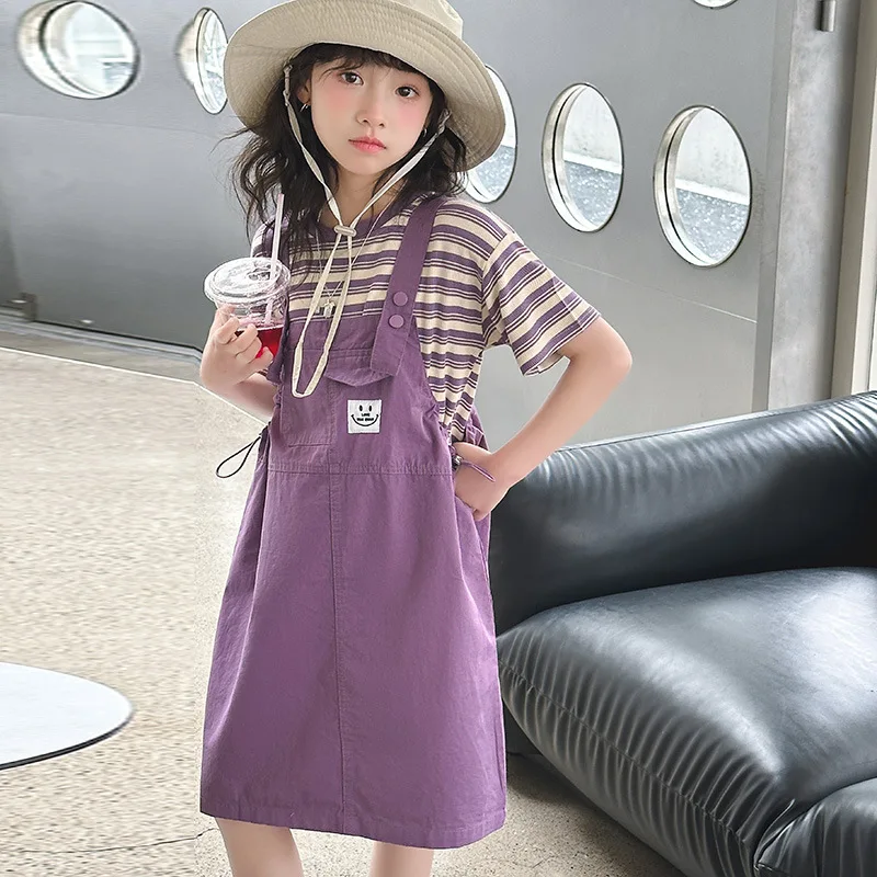 

2024 Korean Summer School Girl Students Clothes Sets Teenager Girl Striped Loose Tee+Denim Suspender Skirt Kid Girl Clothing Set