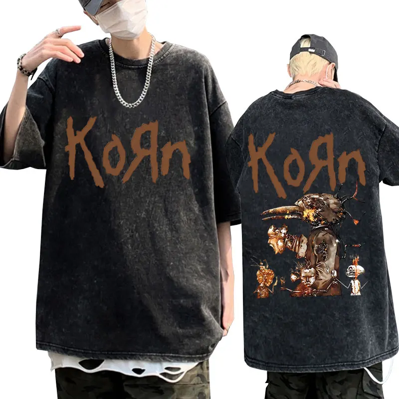 

Футболка с принтом американской певицы рок-группы Korn, мужская и женская летняя хлопковая Винтажная футболка для стирки, мужские футболки, уличная одежда
